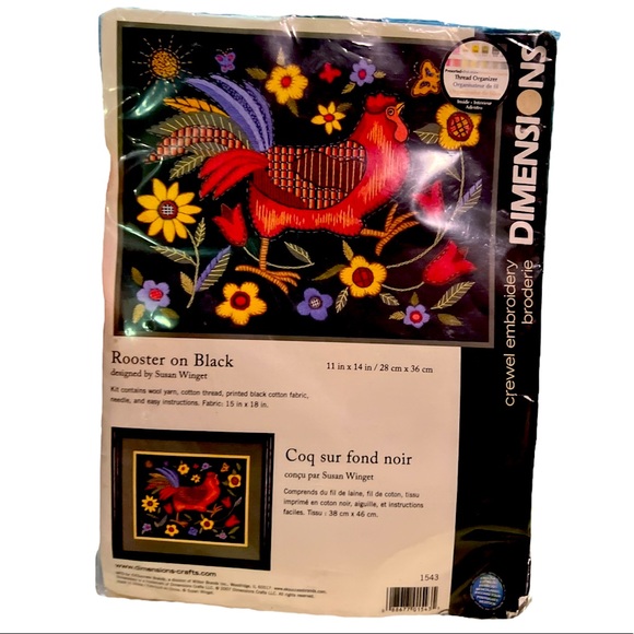 Dimensions Rooster on Black Crewel Embroidery Kit - 11" x 14" - New - Picture 1 of 7